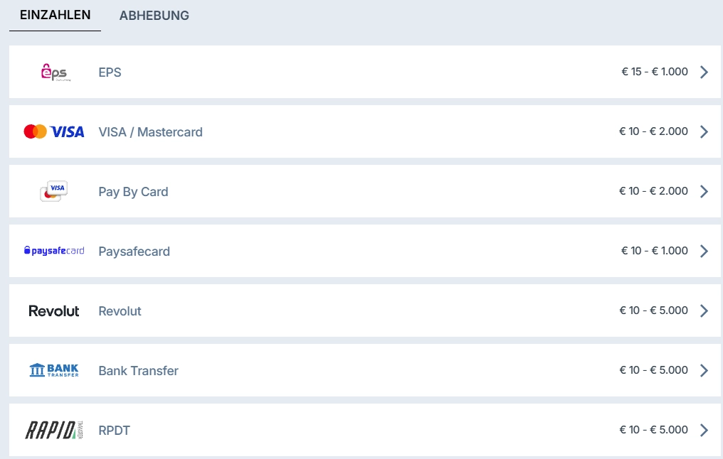 Zoccer Casino Einzahlungsmethoden mit EPS, Visa, Revolut und Bank Transfer