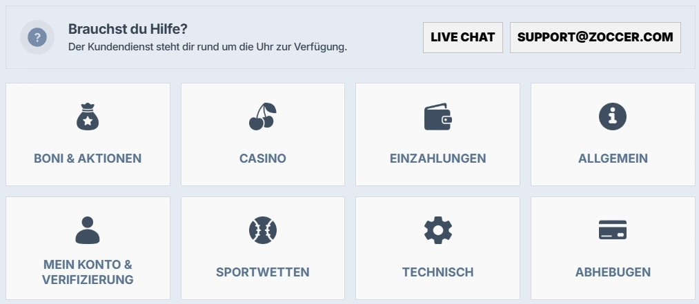 Zoccer Casino Hilfecenter mit Live Chat, Support E-Mail und FAQ Kategorien