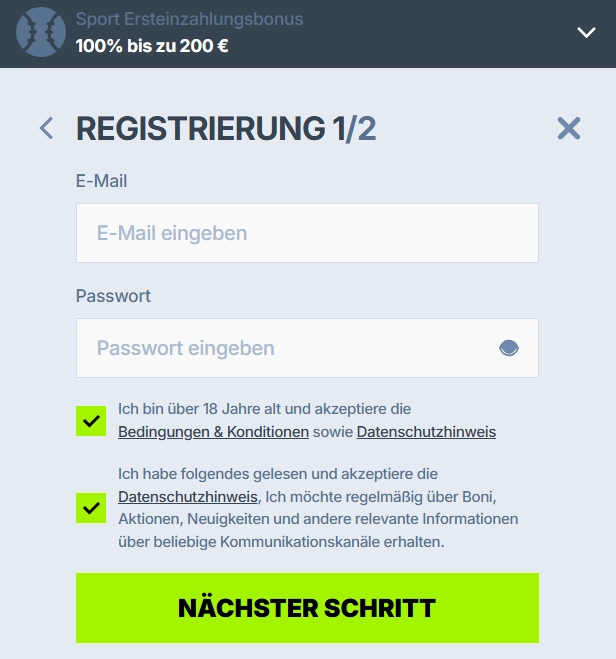Zoccer Casino Registrierung mit E-Mail, Passwort und Sportbonus Auswahl