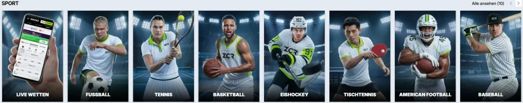 Zoccer Casino Sportwetten Bereich mit Live Wetten, Fußball, Tennis und Basketball